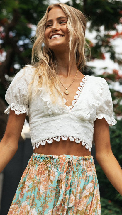 Damen Crop- Blumenmuster Spitzenbesatz Norvielle