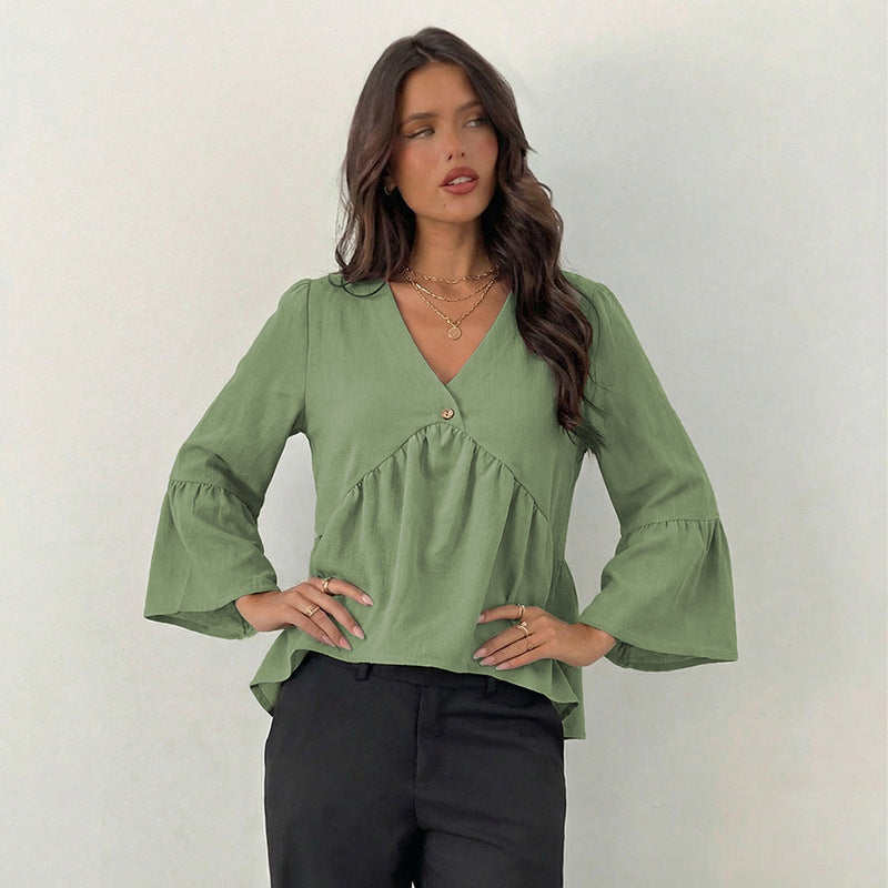 Damen Bluse Weite Ärmel Knopf Detail Norvielle