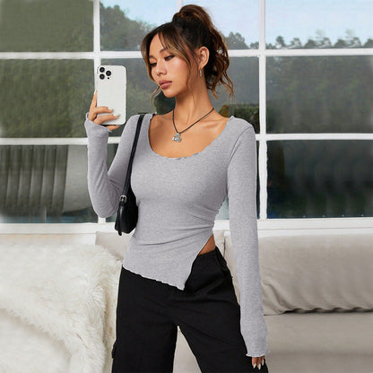 Damen Langarmshirt Asymmetrischer Saum Eleganter Ausschnitt Norvielle - Norvielle