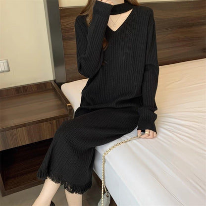Damen Strickkleid V-Ausschnitt Fransen Norvielle
