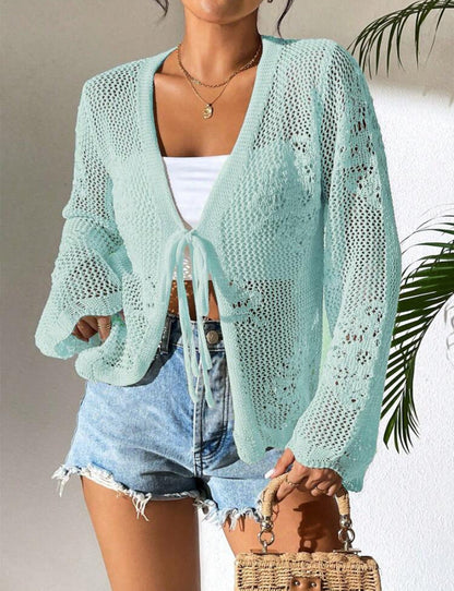 Damen Strickjacke Häkelstruktur Bindeverschluss Beige