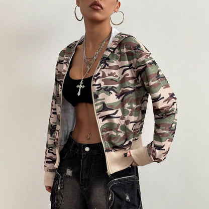 Damen Kurzjacke Camouflage Stil Kapuzenjacke Modern