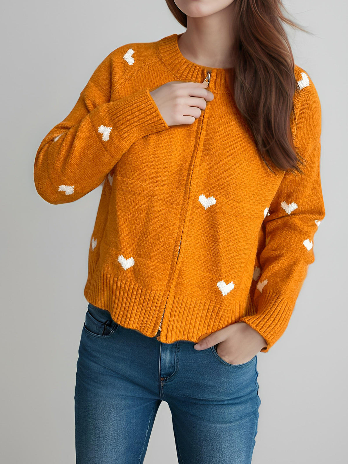 Damen Strickcardigan Herzmuster Reißverschluss Norvielle