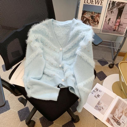 Damen Flauschiger Cardigan mit Perlen