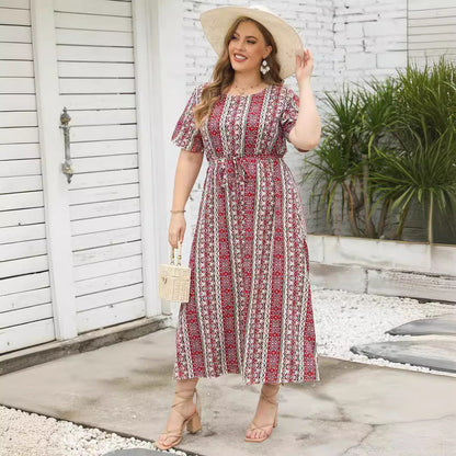 Damen Maxikleid mit Musterung und Dekorband