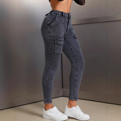 Damen High-Waist Jeans Slim Fit mit Pattentaschen Schwarz - Norvielle