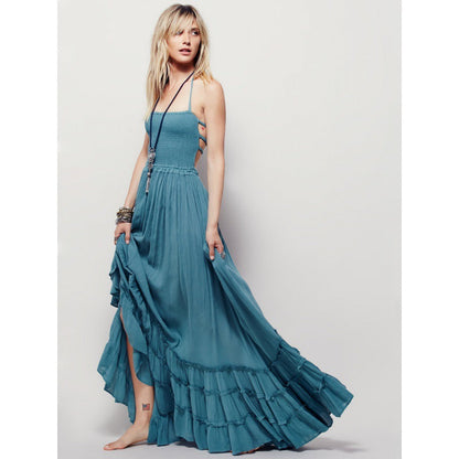 Damen Maxikleid Luftig Rüschenrock Hochgeschnitten