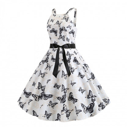 Damen Midikleid Schmetterlingsdruck Taillengürtel Norvielle