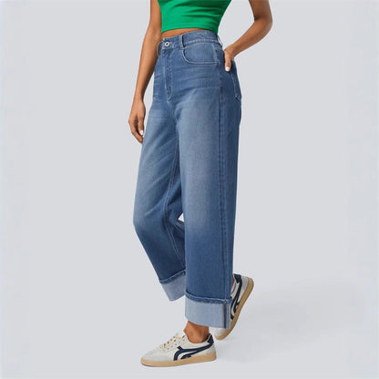 Damen Weite Denim-Hose Umschlag-Saum