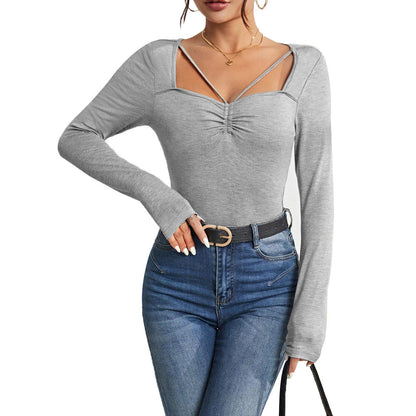 Damen Langarm-Bodysuit V-Ausschnitt Schulterdetails Norvielle