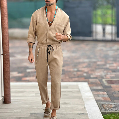 Herren Leinenanzug Lässig Mit Taschen Moderner Schnitt Beige - Norvielle