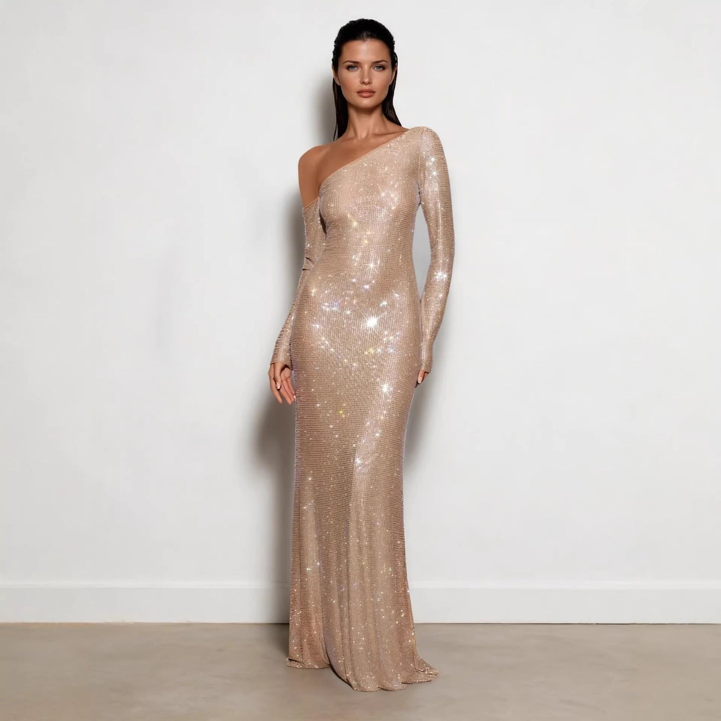 Damen Abendkleid Figurbetont Norvielle Pailletten Asymmetrisch