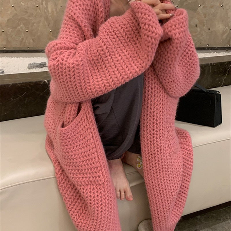 Damen Longcardigan mit Taschen und Zopfmuster Schwarz - Norvielle