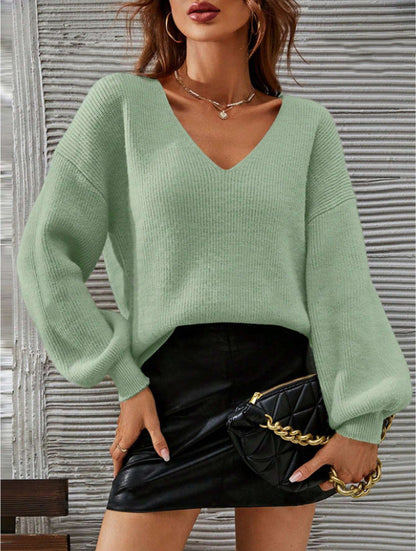 Damen Pullover V-Ausschnitt Lässige Passform Baumwolle Beige
