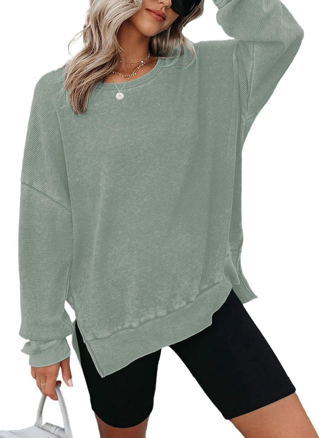 Damen Waffelpullover Mit Seitenschlitzen Norvielle