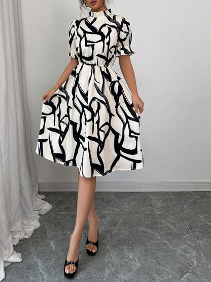 Damen Midi-Kleid Pflanzenmuster Gummizug
