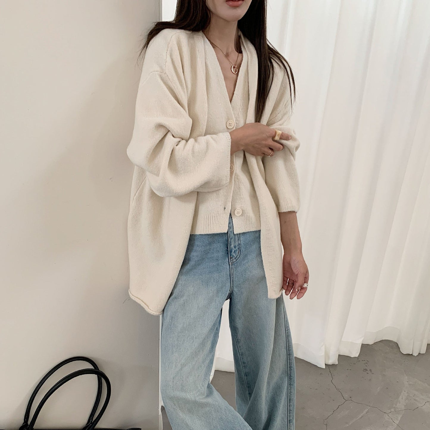 Damen Strickcardigan Lässig Knopfverschluss Voluminöse Ärmel Beige