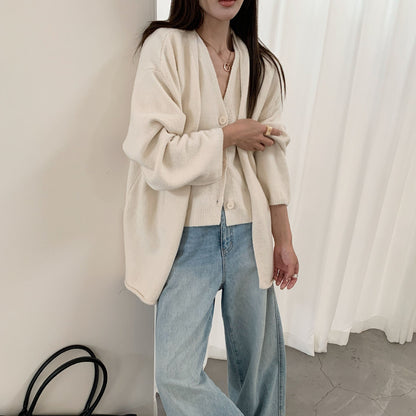 Damen Strickcardigan Lässig Knopfverschluss Voluminöse Ärmel Beige