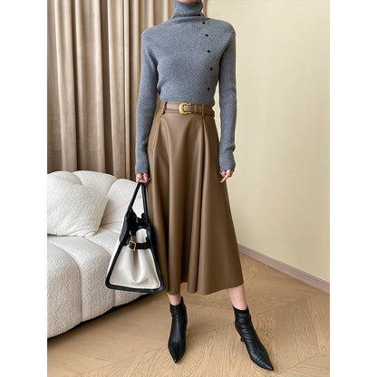 Damen Strickpullover Hoher Kragen Dekorative Knöpfe Beige