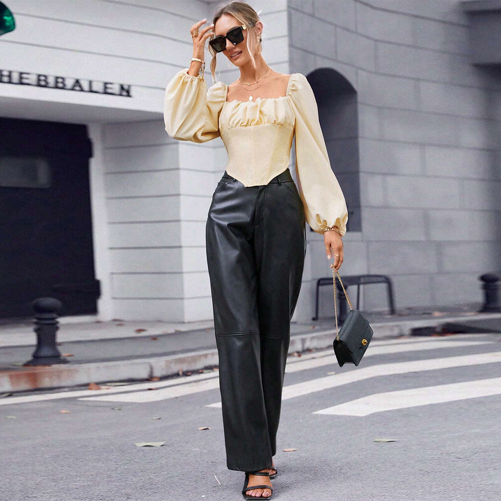 Damen Spitzenbluse Puffärmel Taillierte Silhouette