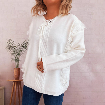 Damen Grobstrickpullover Lässige Fransen Dekorativer Zopf Norvielle