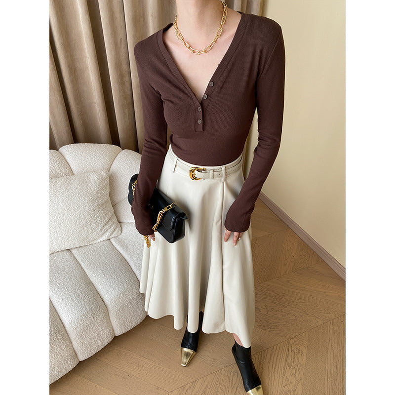 Damen Langarmshirt Rippstrick Modische Knöpfe
