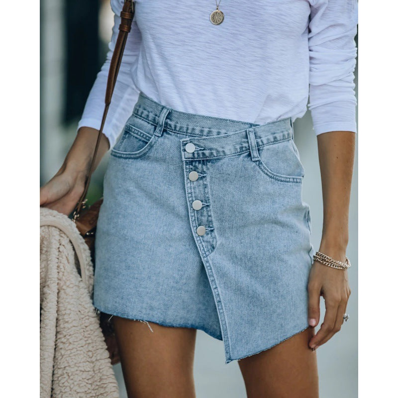Damen Jeansrock Asymmetrisch Knopfleiste