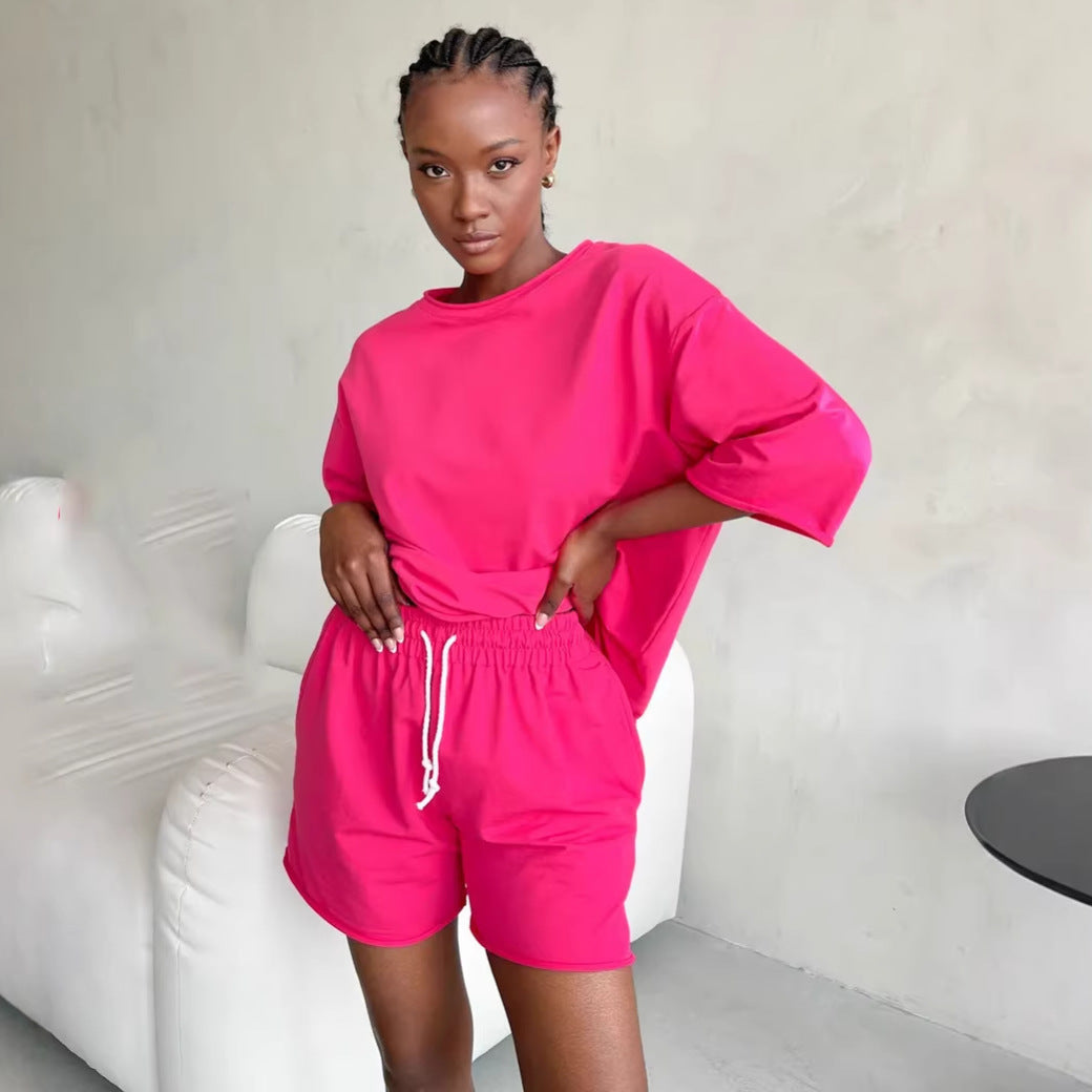 Damen Freizeitanzug-Set Baumwollmix Oversized T-Shirt und Shorts