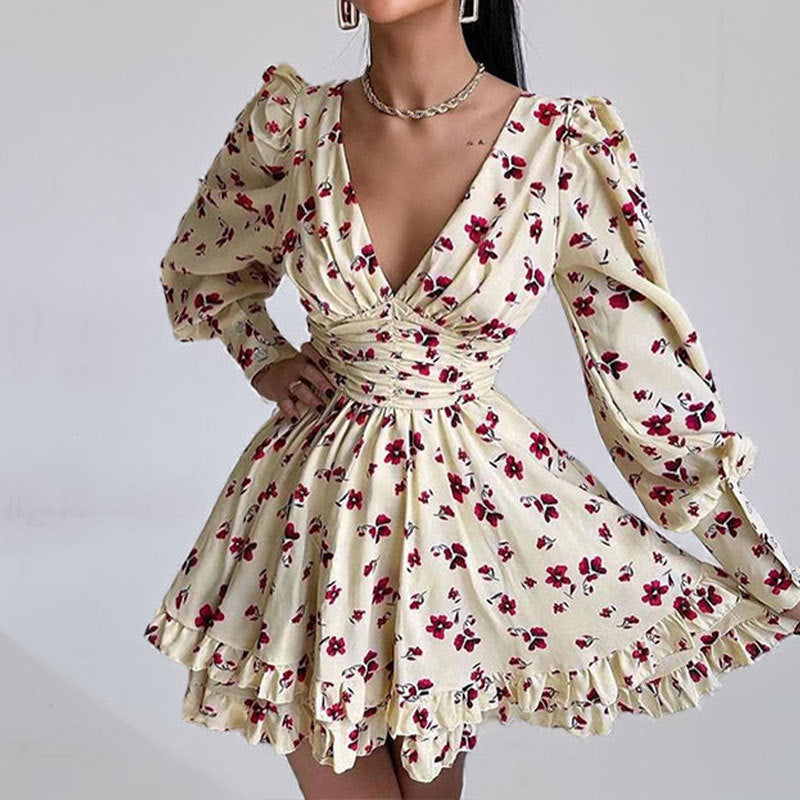 Damen Kleid Kurz Ärmel Blumenmuster