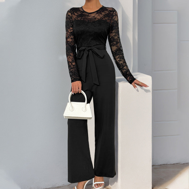 Damen Jumpsuit Spitzenoberteil Taillengürtel Norvielle