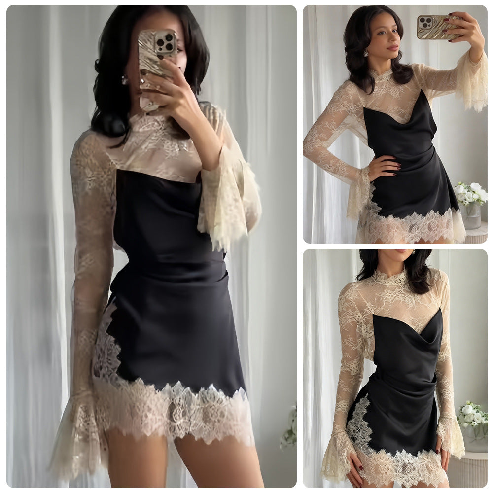 Damen Abendkleid Chiffon Elegant Spitzendetails Ärmel Schwarz - Norvielle