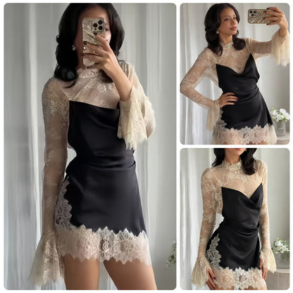 Damen Abendkleid Chiffon Elegant Spitzendetails Ärmel Schwarz - Norvielle