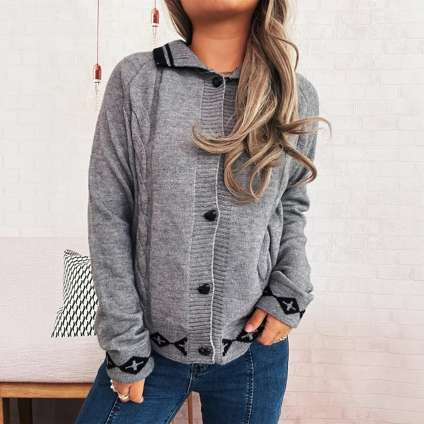 Damen Strickjacke Dekorative Muster Knopfdetails Norvielle
