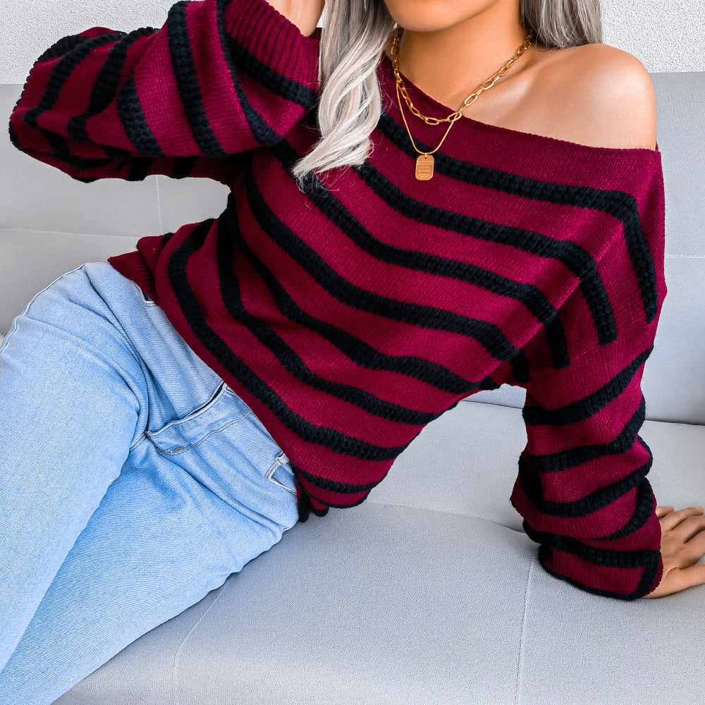 Damen Streifenpullover Off-Shoulder Lässiger Schnitt Norvielle