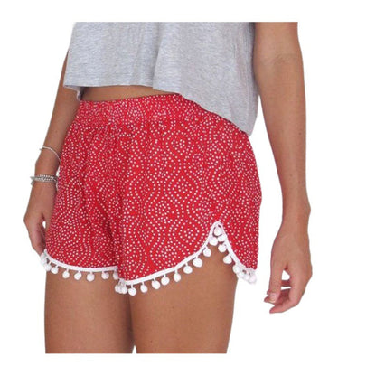 Damen Sommer Shorts Wellenmuster mit Pompon Detail Beige