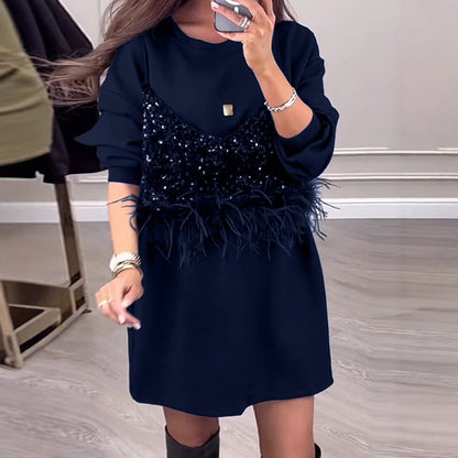 Damen Sweatkleid mit Pailletten und Federn Norvielle