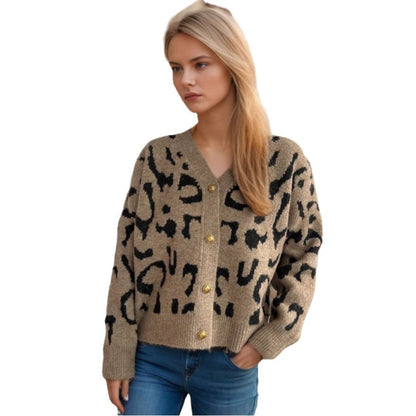 Damen Strickjacke Animalmuster Goldknöpfe Norvielle