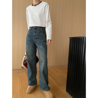 Damen Highwaist Jeans Weites Bein Lässiger Schnitt