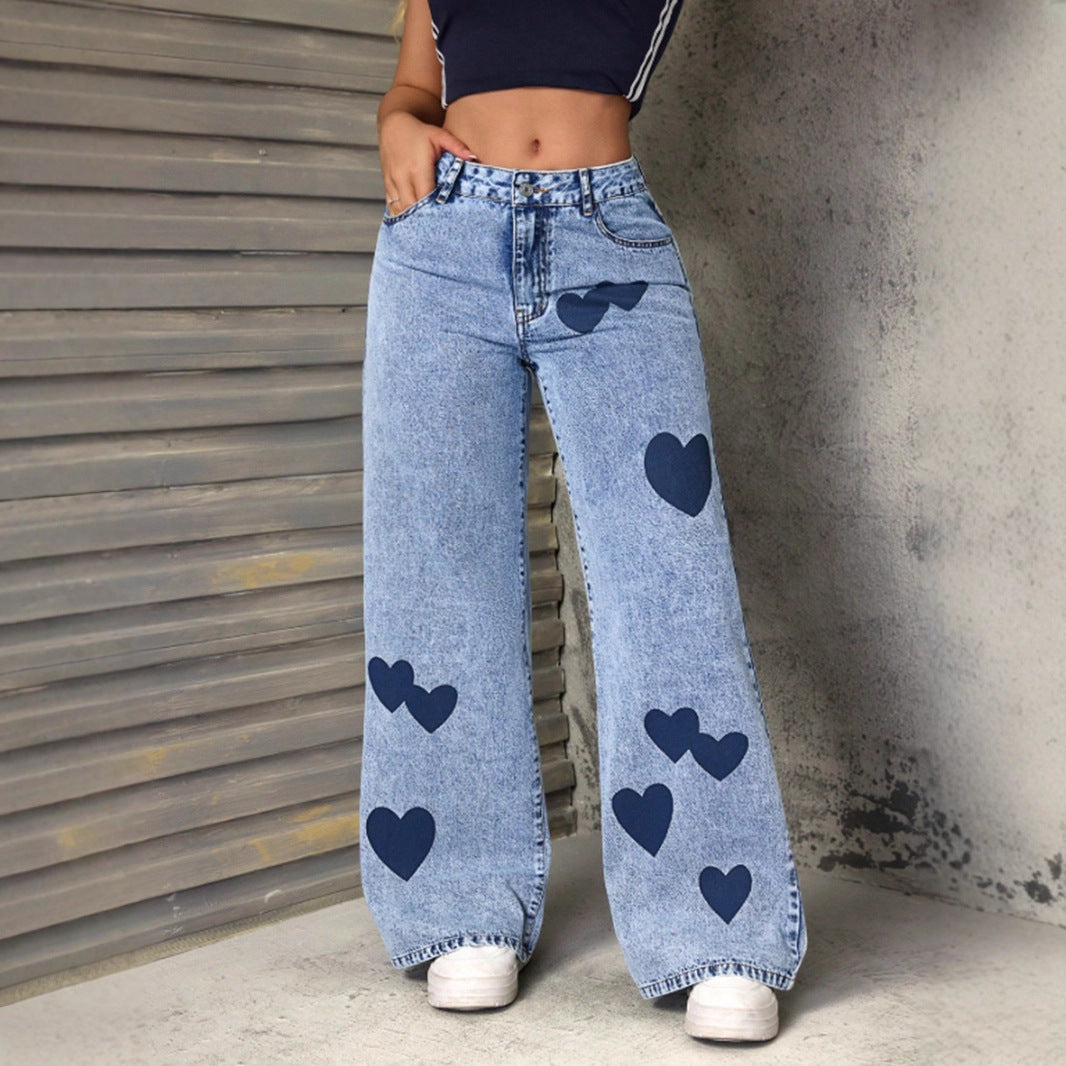 Damen Weite Jeans Herzen-Applikationen Norvielle