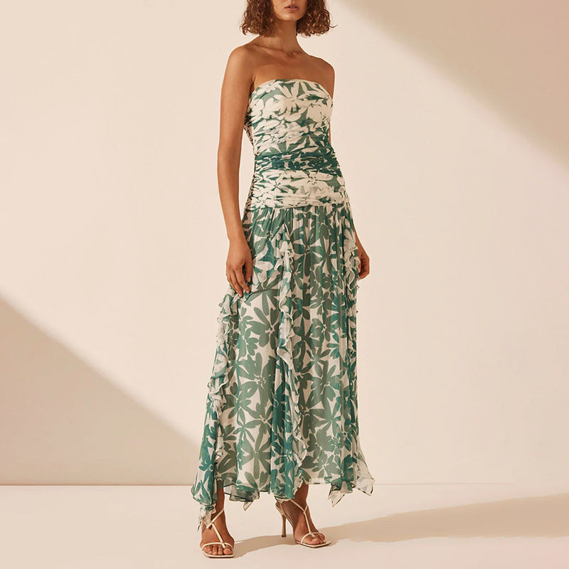 Damen Maxikleid Schulterfrei Rüschendetails Florales Muster Norvielle