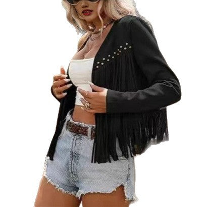 Damen Fransenjacke Dekorative Nieten Leder