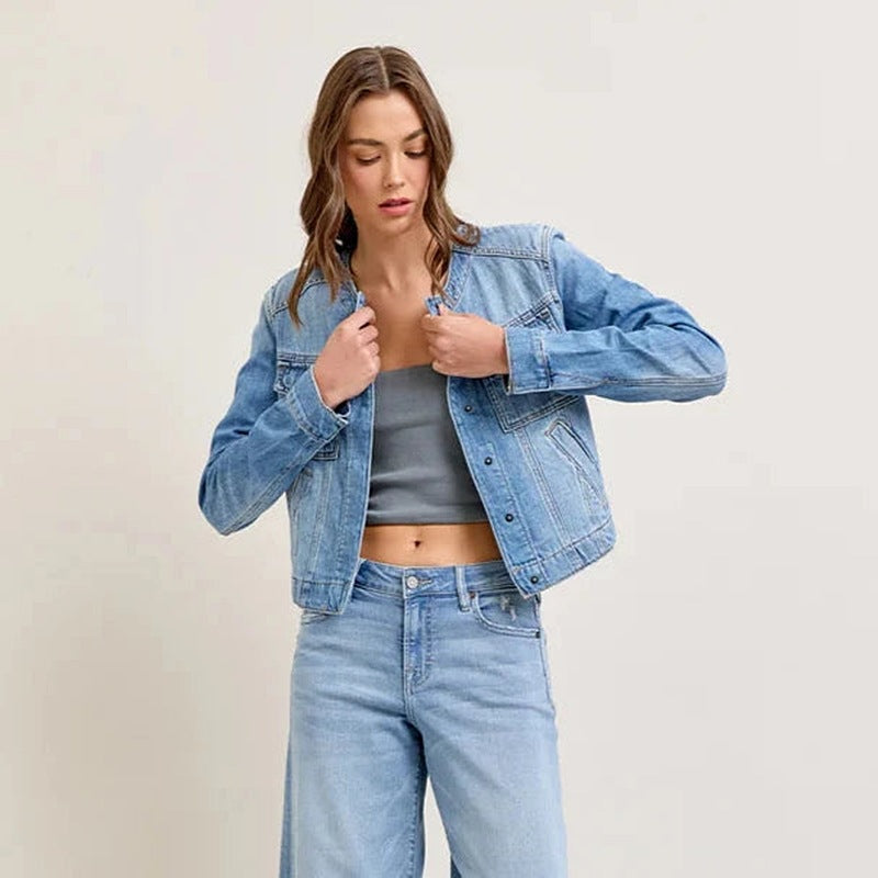 Damen Jeansjacke Cropped Schnitt mit Taschen