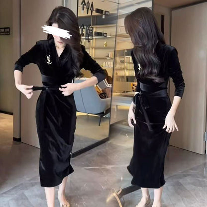 Damen Langarmkleid Wickeldesign Rüschensaum