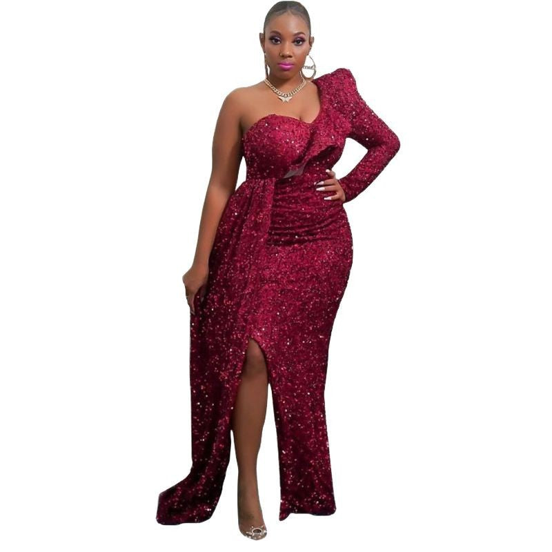 Norvielle Damen Abendkleid Asymmetrisch Fließender Rock Glanzstoff
