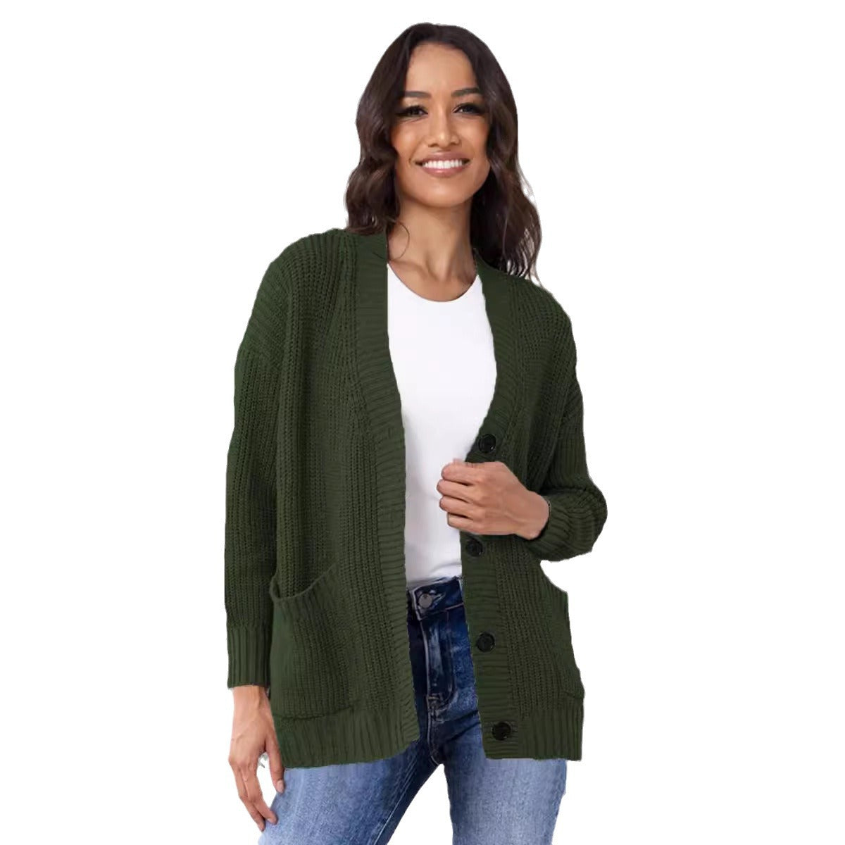 Damen Cardigan Grobstrick Mit Taschen V-Ausschnitt Beige