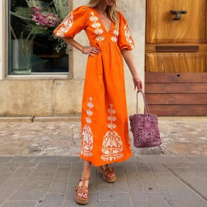 Damen Midikleid Luftige Puffärmel Florales Stickdesign