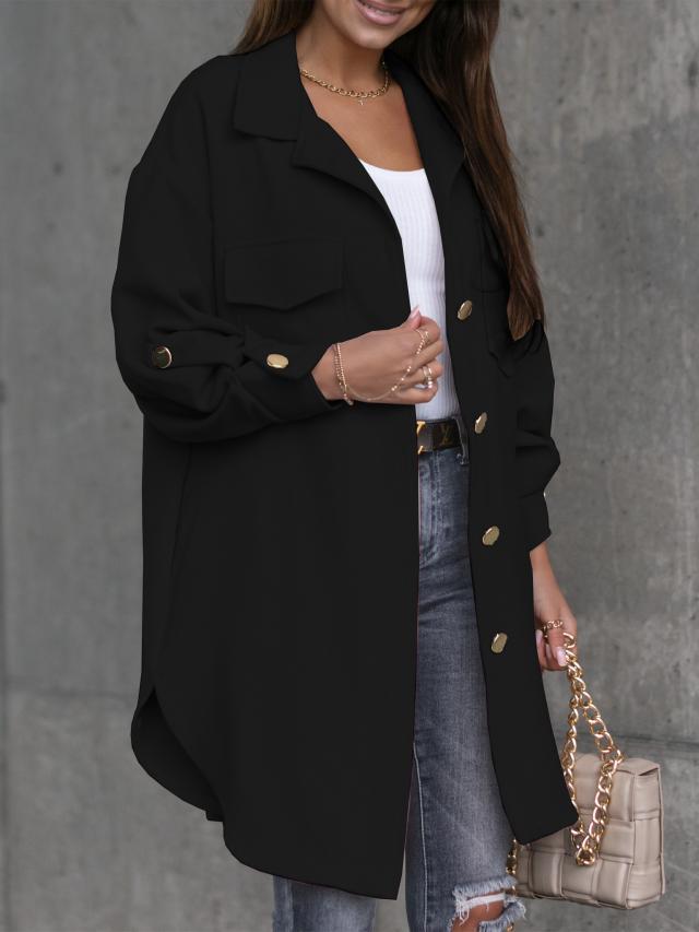 Damen Oversized Hemdjacke aus Baumwolle mit Taschen und modischem