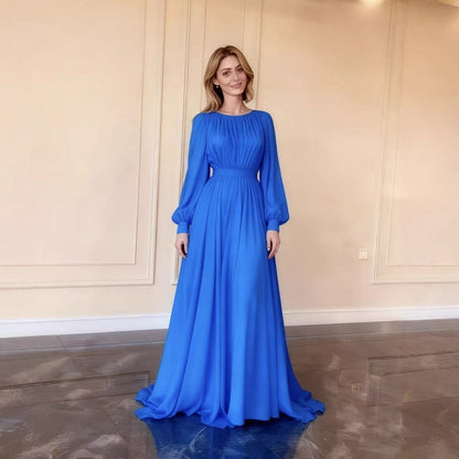 Damen Langkleid Norvielle Elegant Taillenband Ballonärmel