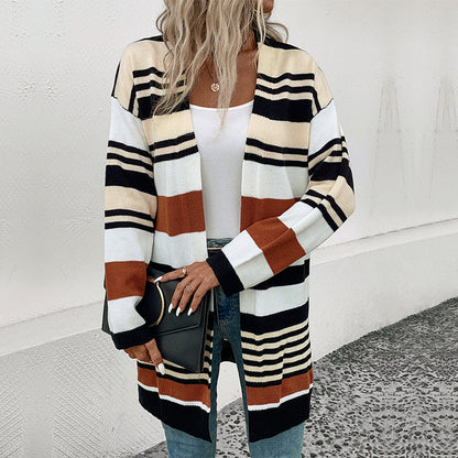 Damen Strickcardigan Lässig Weite Ärmel Streifen Beige