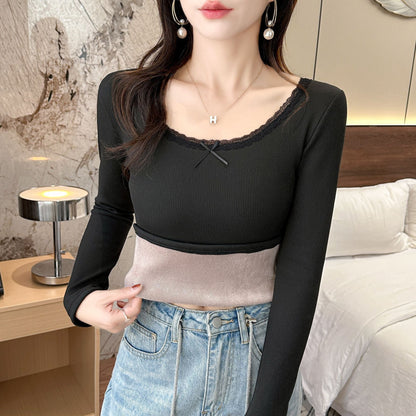 Damen Langarmshirt Spitzendetail Elegantes Oberteil Weiß